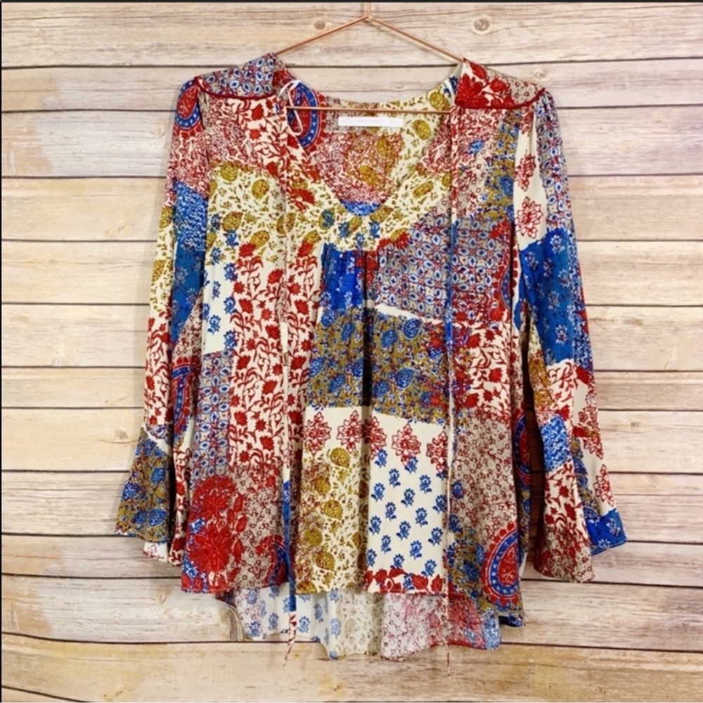 Zara Patchwork Bell Sleeve Boho Top Peasant Blouse - Picture 2 of 9
